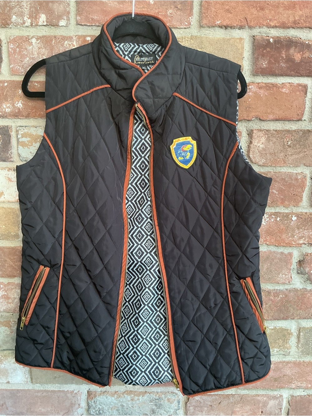 University of Kansas Quilted Black Vest with Orange Trim and Patch XL